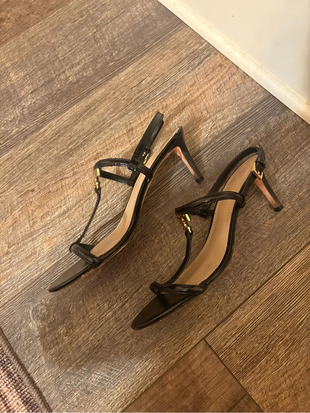 Tory Burch Black Miller T-Strap Leather Heeled Sandals Size 8 1/2